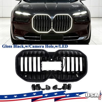 For 2023-2026 BMW 7 Series G70 Gloss Black Front Bumper Grill Grille w/LED Light