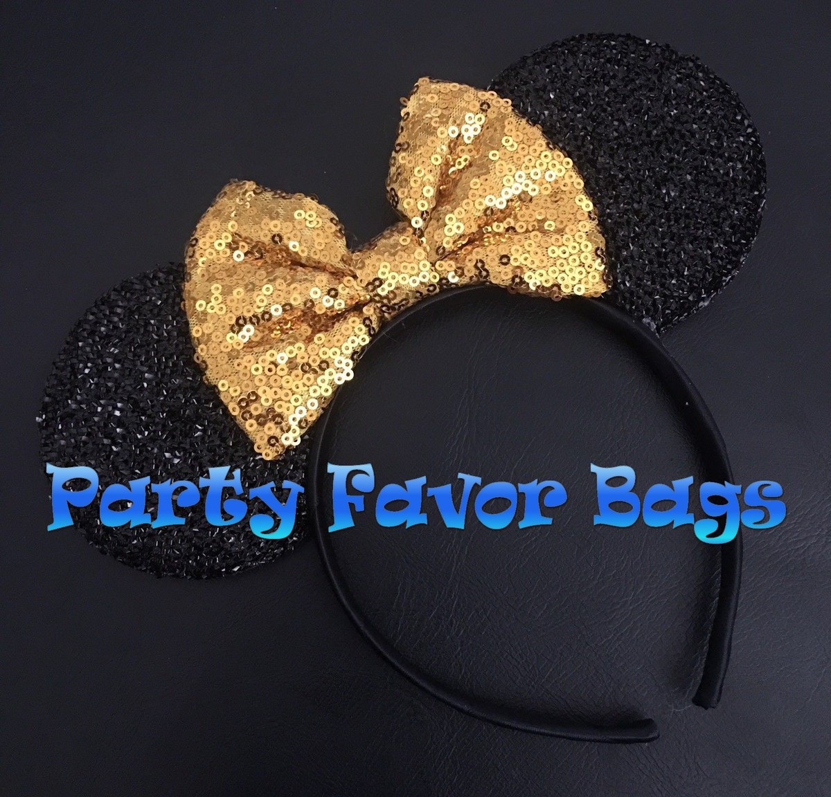 Glittery Gold and Black Bow Mickey Ears Disney Minnie Velvet Ear Headband with Bow, Black/Gold  main image 4