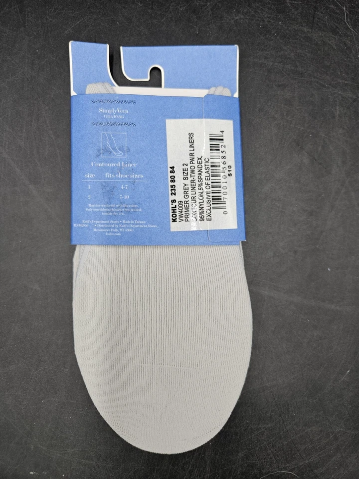 2 New Pairs Simply Vera Vera Wang Contoured Liner No-Show Socks Gray, Size 7-10 - Изображение 2 из 2
