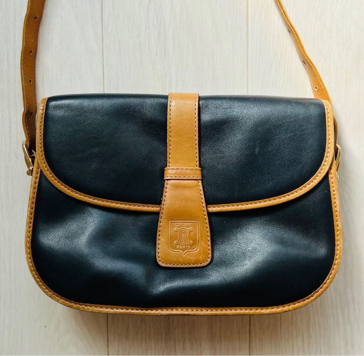 Vintage Old Celine Shoulder Bag Crossbody Leather Black Brown