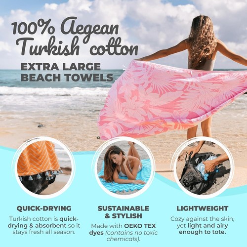 Pink Jungle Turkish Beach Towel 35 X 67 – Extra Large Cute Beach Towel, 100% ... - Picture 3 of 8