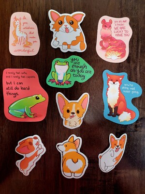 STICKERS x 10 Positive Inspiration Corgi Dog Unicorn Frog Fox Mouse Pup COR5