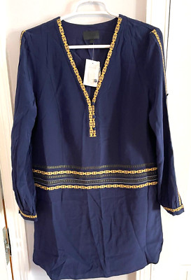Intermix Women's V-Neck Silk M Long Sleeves Drop Waist Mini Dress Navy Blue NEW