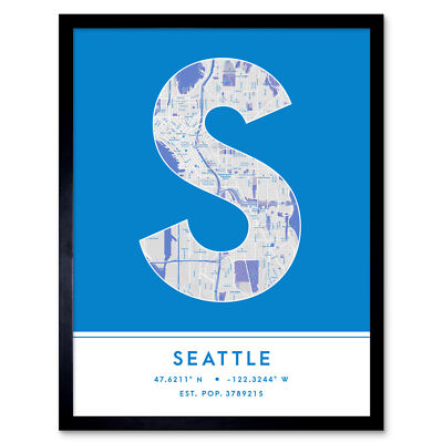 Seattle Washington USA Stadtplan Typografie gerahmter Wandkunstdruck 12x16