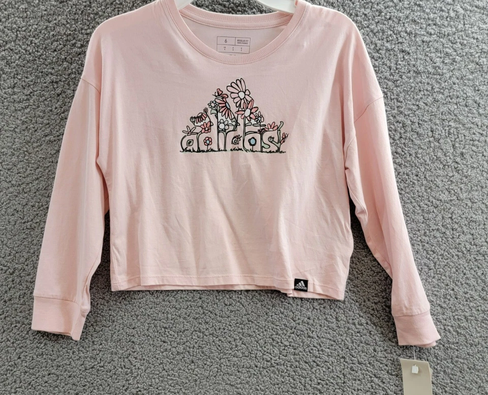 adidas Long-Sleeve T-Shirt & Flare Pants Set Little Girls' 6 Pink/Black Pullover - Image 4 of 4