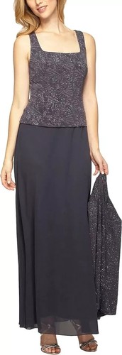 Alex Evenings Formal Jacquard Knit Gown with Mandarin Collar Jacket sz 16 Smoke - Picture 2 of 5