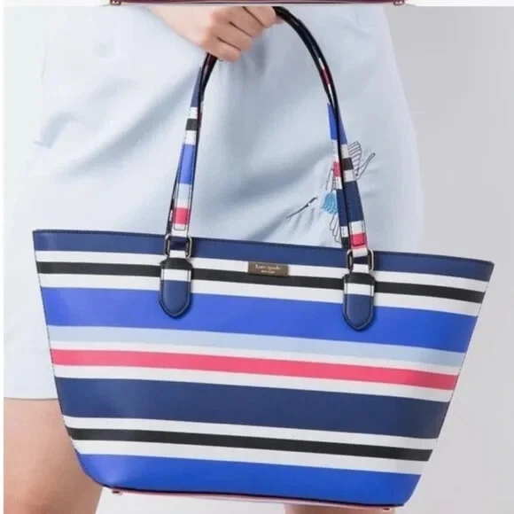 Bolso de Mano KATE SPADE Laurel Way Dally a Rayas Blanco Azul Cremallera Doble Asa