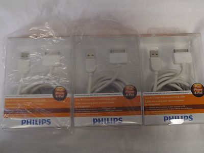 3 PHILIPS DLC2417 iPad/iPod/iPhone Sync 6 feet White 30 pin old charger NEW