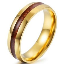 Walnut Wood Inlay Ring Gold Stainless Steel Anniversary Wedding Band Size 7-11.5