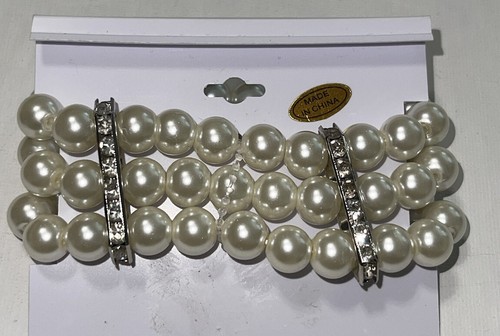 White Glass Faux-Pearl Clear Rhinestones Stretch Bracelet Three Rows Silver Tone - Picture 3 of 9