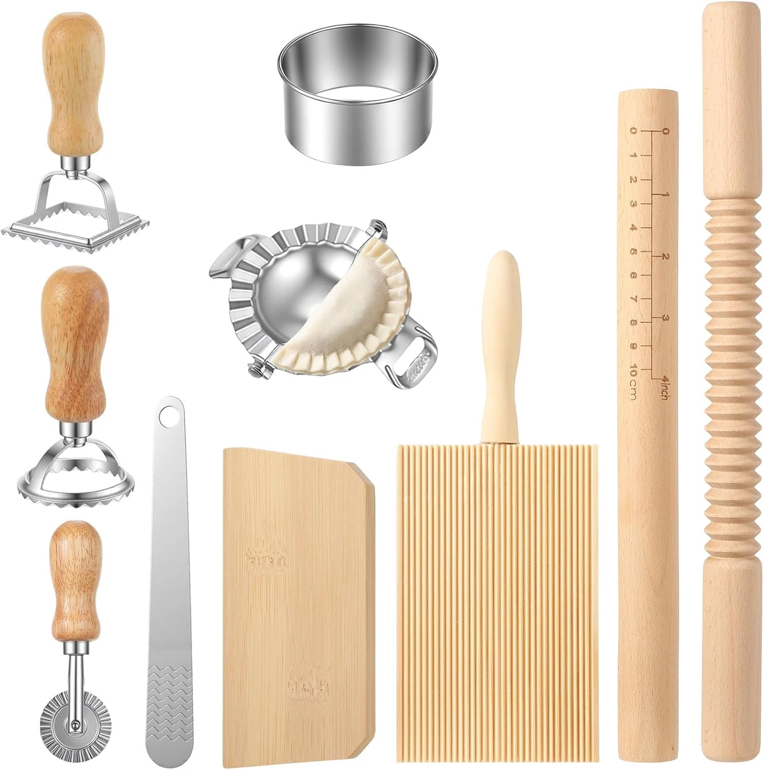 10Pcs Pasta Making Tools Kit, Wooden Threaded Rolling Pin, Rolling Pin with Scal