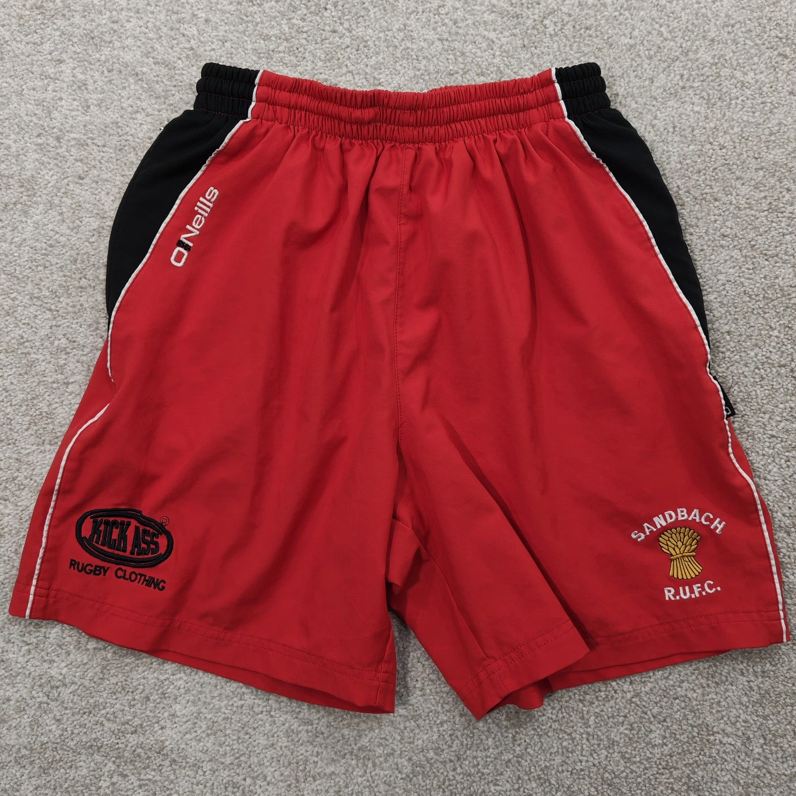 O’Neills Sandbach RUFC Rugby Training Shorts Red Black Mens M Mesh Lined Zip