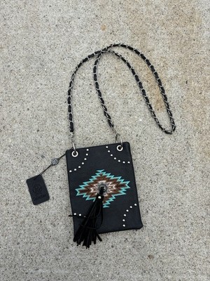 Black Leather Aztec Pattern Shoulder Bag With Tassel