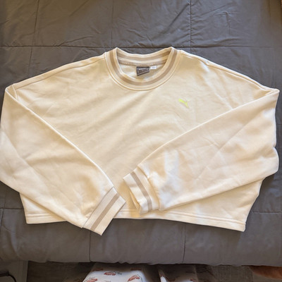 PUMA Pullover Sweatshirt M Beige Light Green Logo Graphic Print Crew Neck