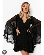 Whimsigoth Wide Bell Sleeves Chiffon BOOHOO Womens Dark Fairy Dress Sz 14