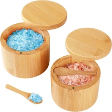Bamboo Salt Cellar, 2 PCS Salt Container with Built-In Spoon, Salt Box Bowl with
