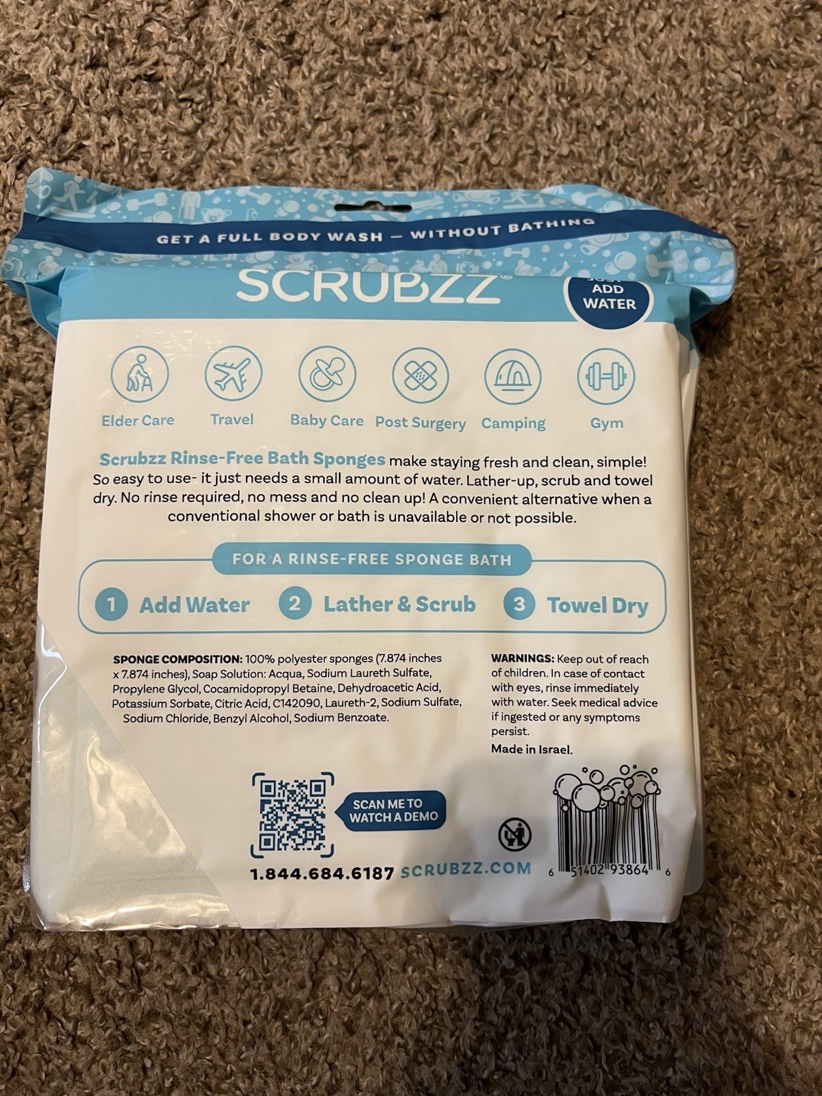 New Scrubzz Rinse Free Soap & Shampoo Infused Disposable Bath Sponges  25 Pack