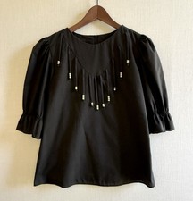 Vintage Malco Modes Black Blouse Top Med Puff Sleeve Beaded Fringe Made in USA