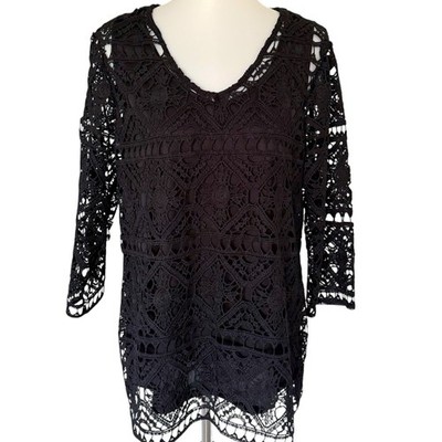 Crochet Lace Overlay Black Top Blouse Shirt ND New Directions Sz L Large NEW NWT