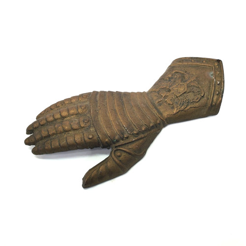 Vintage 70s Decorative Brass Medieval Knight's Gauntlet Glove w/Crest 11.75"