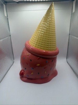 Pink Sprinkles Ice Cream Cone Cookie Jar Rare Retired Ceramic Decorative