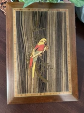Vintage MCM Original 2 Parrots on a Branch Marquetry Wall Art Wood Inlay Bird