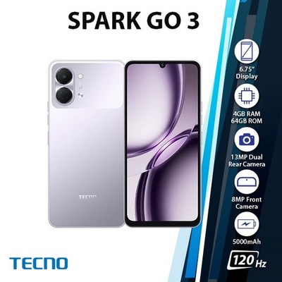 (New) TECNO Spark Go 3 Android Cell Phone (4GB+64GB/PURPLE/Dual SIM/Unlocked)