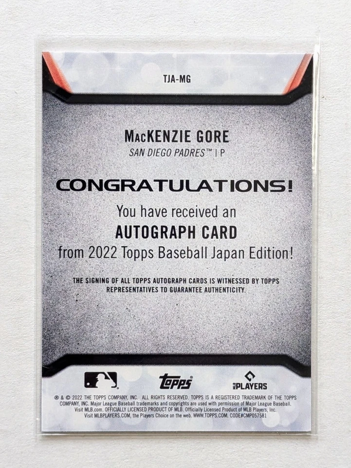 2022 Topps Japan Edition MacKenzie Gore Auto RC #TJA-MG Washington Nationals - Image 2 of 2