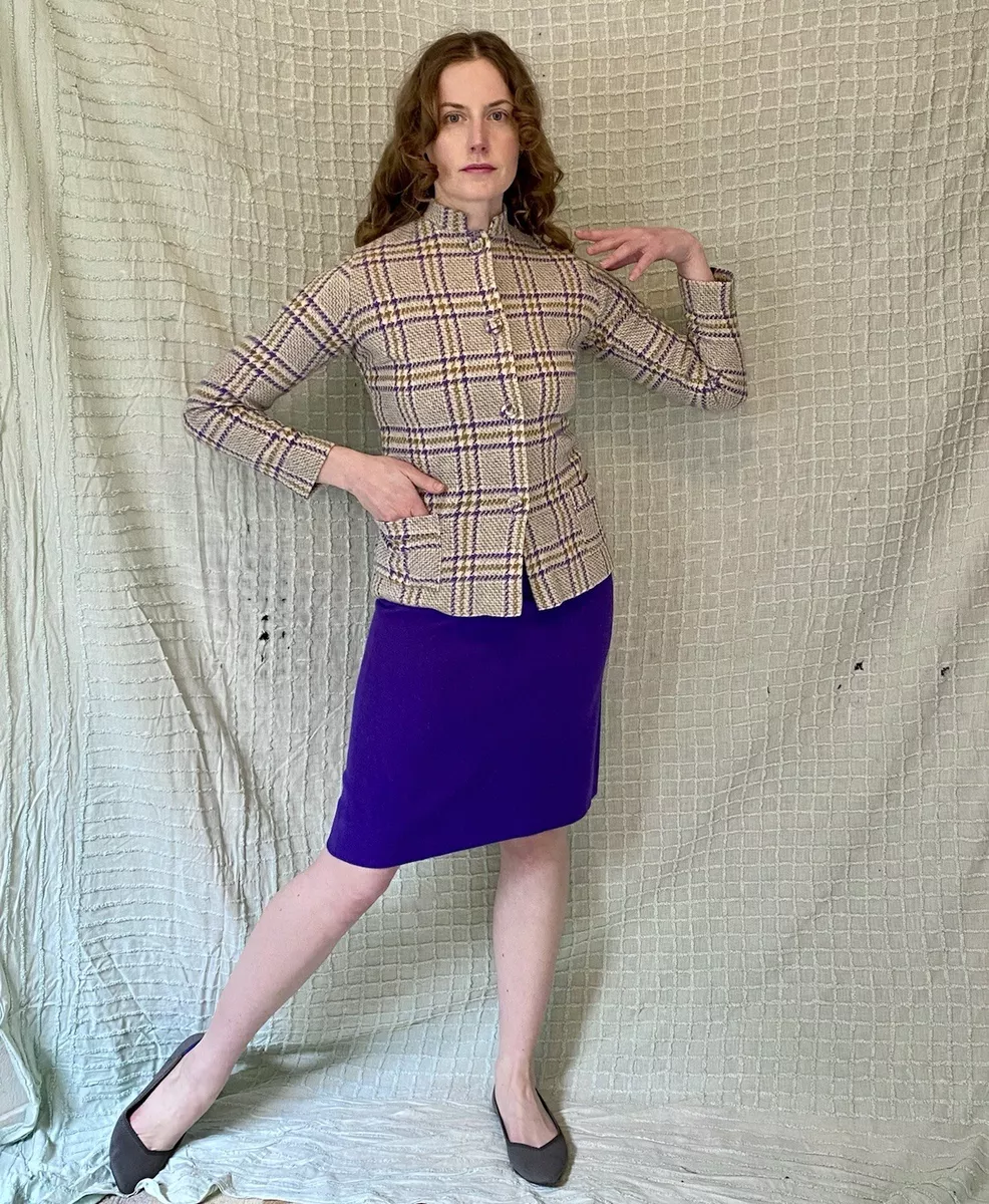 Vintage 60s Mod Royal Purple Gray Houndstooth Plaid Wool Skirt