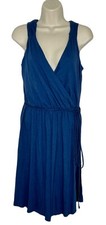 Loft Women’s Stretch Side Tie Waist Blue Faux Wrap Sleeveless Dress Sz S NEW