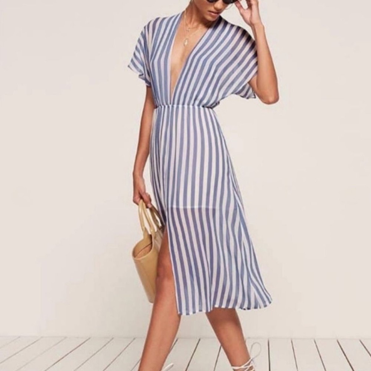 Reformation Positano Blue White Stripe Georgette V-Neck Midi Dress