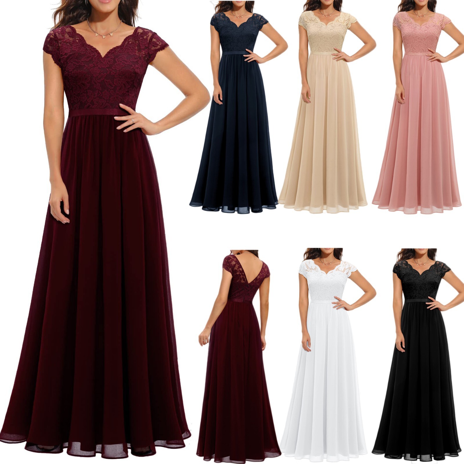 Women'S Cocktail Party Sleeveless Bridesmaid Ball Gown Lace Maxi Evening Dresses