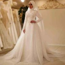 Muslim Lace A Line Wedding Dresses High Neck Bridal Gowns Pearls Beaded Tulle