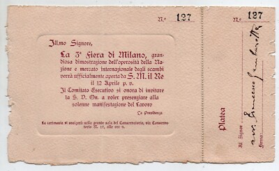 Third MILAN FAIR - INVITATION TICKET to the Solemn Ceremony - Year 1922
