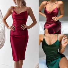 NEW  Women Bodycon Satin Silk Midi Dress Strappy Cocktail Evening Party Dress