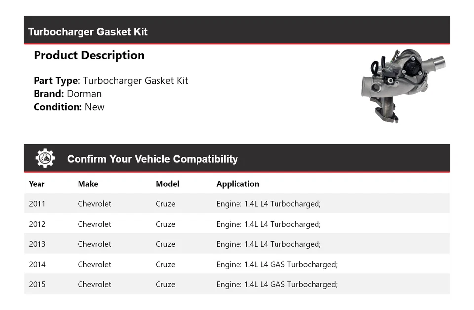 Kit de junta de turbocompresor para Chevrolet Cruze Dorman 2011-2015 2012 2013 2014 Foto 2 de 4