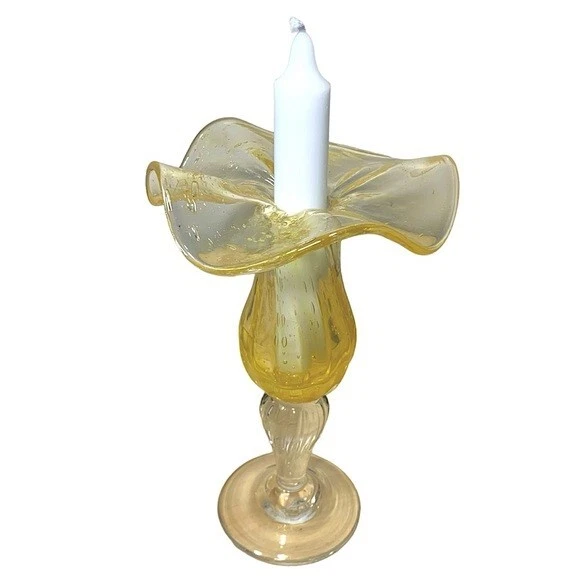 VTG Saba Bio Candlestick 7"  French Art Glass Bubble Clear Yellow Open Flower 7" - Image 2 of 4
