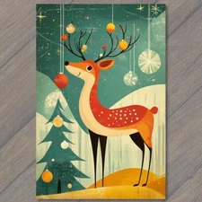 POSTCARD Christmas Reindeer Snowy Scene Festive Holiday Deer Lights Ornaments