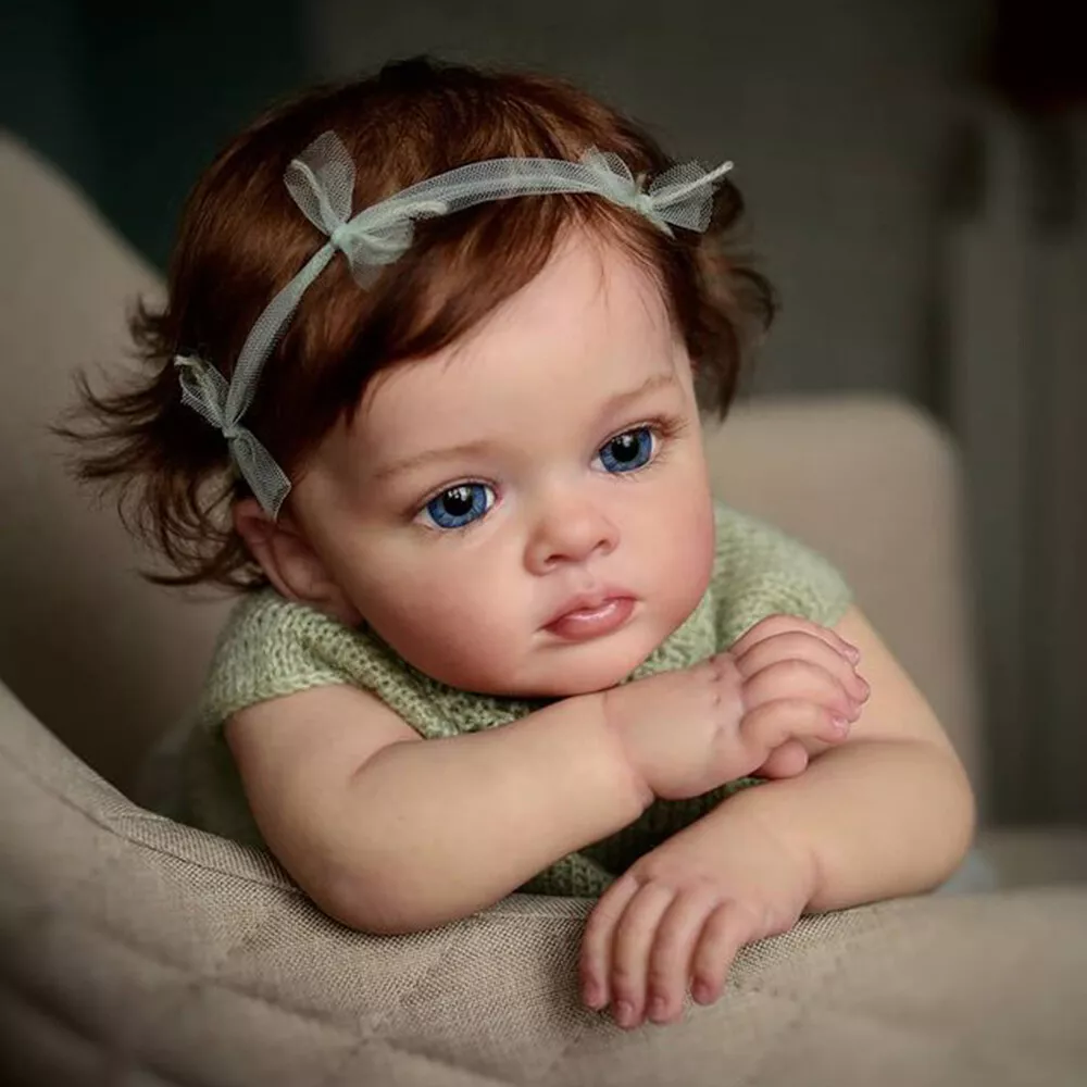 60cm Reborn Doll Toddler Girl Cloth Body Blue Eyes Brown Hair Cute