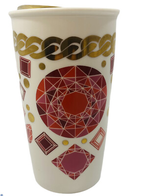 Starbucks Gems and Jewels Travel Mug 12 Oz Red Pink Shiny Gold With Gold Lid EUC