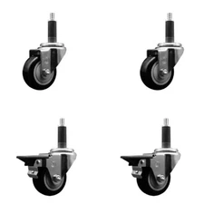 3 Inch Black Poly Wheel Swivel 1 Inch Expanding Stem Caster Set 2 Brakes SCC