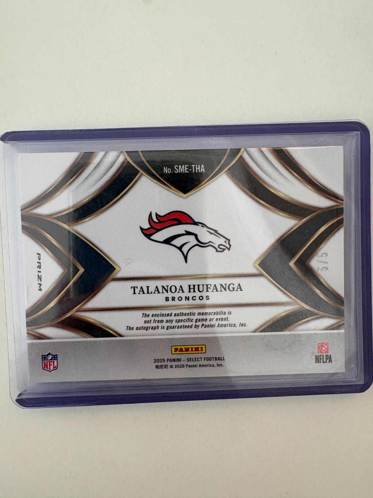 2025 select football Talonoa Hufanga green patch auto /5 view 2