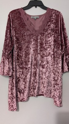 Absolutely Famous 1X Plus Crushed Velvet Tunic Lace Trim Bell Sleeve Mauve Rose