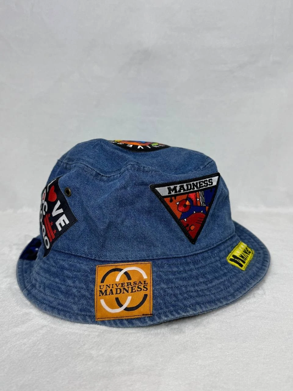 Vintage 90s Style Denim Bucket Hat Universal Madness Patches Blue S/M