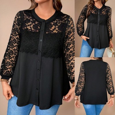 Übergröße Damen Elegant Spitze Bluse Langarmshirt Knopf Oberteile Freizeit Hemd