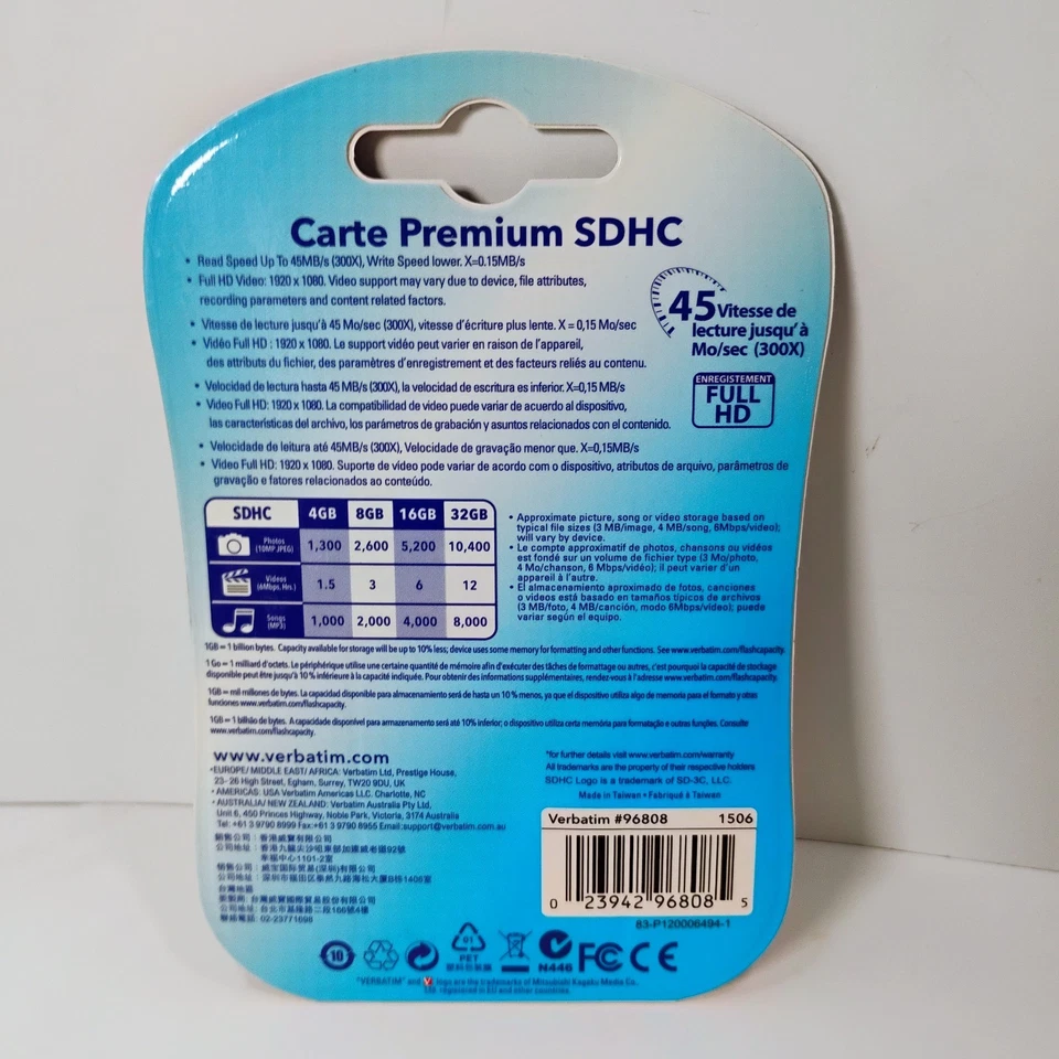 Verbatim Premium 16GB SDHC Card Memory 45MB/s 300x Read FULL HD - Image 4 of 4