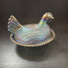 Vintage Indiana Glass Iridescent Carnival Glass Hen On A Nest Glass Candy Dish