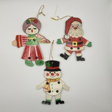 3 Rare Vintage Poseable Cardboard Christmas Ornaments Santa Clause Snowman Angel