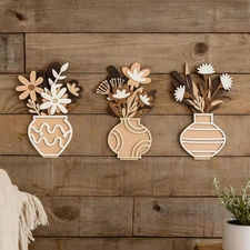 AceOrbit 3 Pcs 3D Wooden Flowers Wall Art Rustic Farmhouse Vase Table Decor DIY