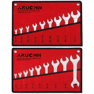 Super-Thin Open End Wrench Set, 18-Piece SAE & Metric 1/4 to 1-1/16 and 5.5mm to